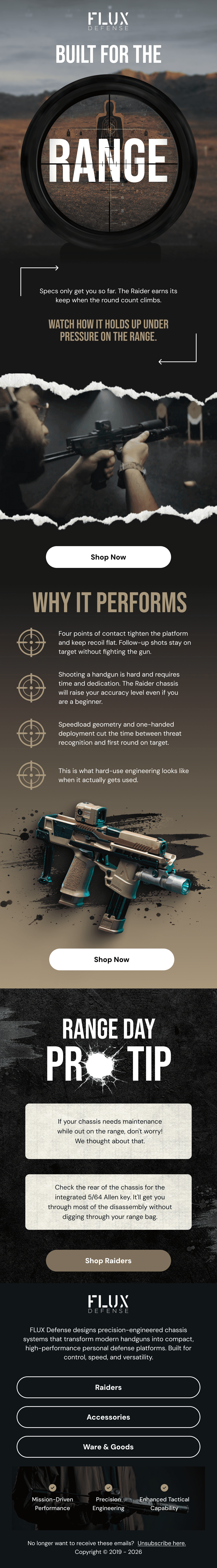 Full email design created by ZHS Ecom for Flux Defense