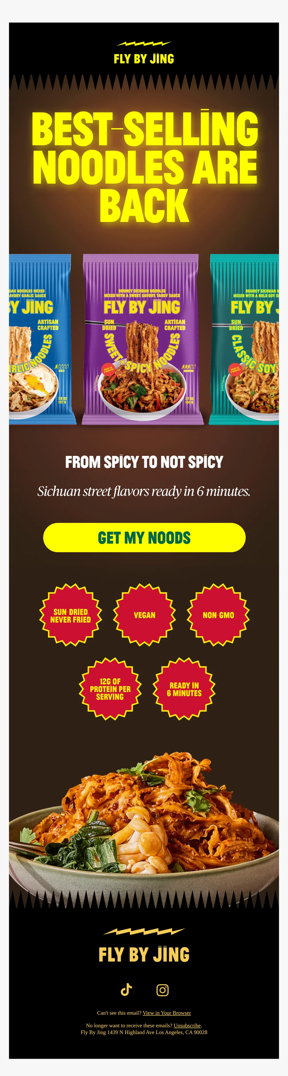 Fly By Jing email with subject line: Best-selling noodles back in stock 📣