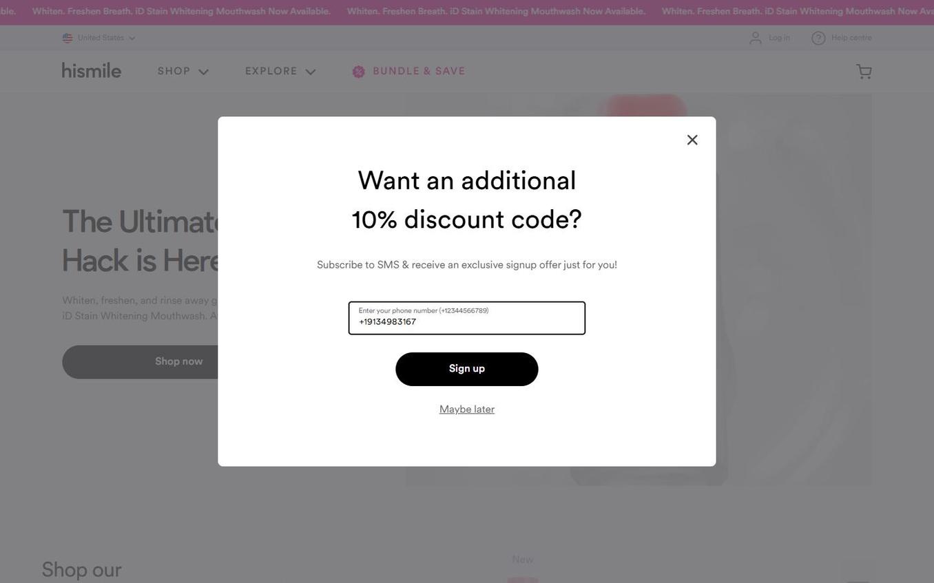 Hismile - Popup Phone Entered