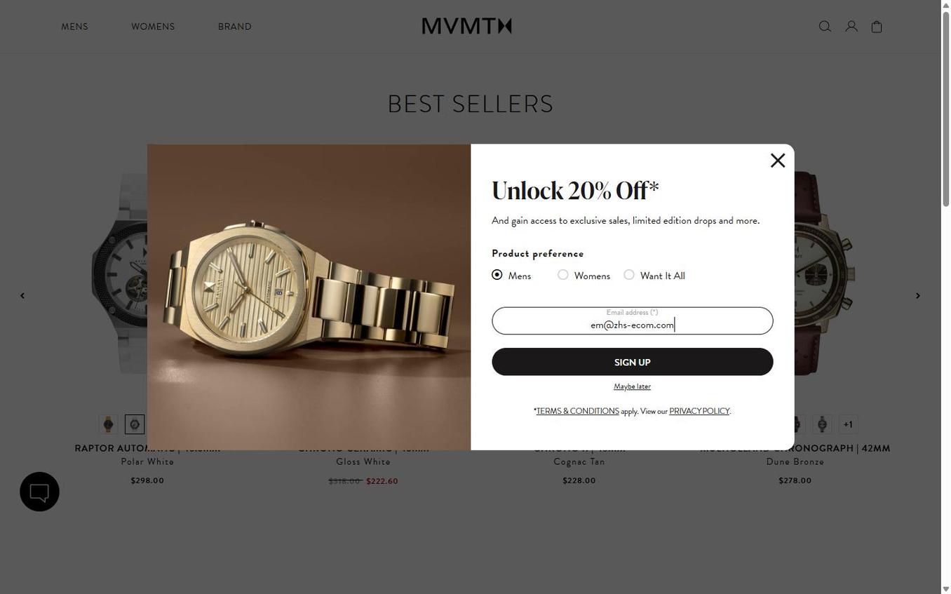 MVMT Watches - Popup Step1 Mens Selected Email Filled