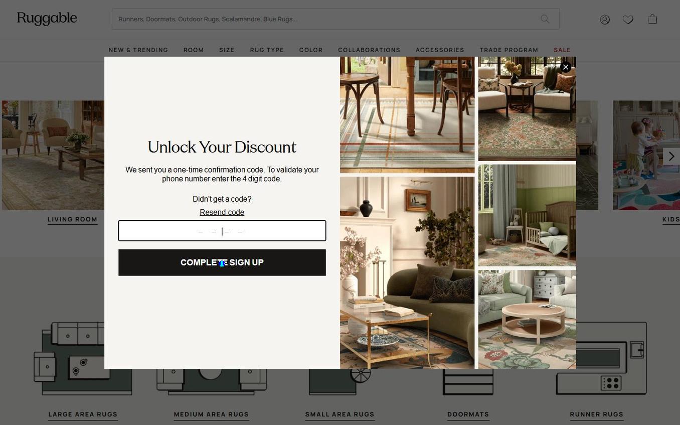Ruggable - Popup Step4 Unlock Discount SMS Code