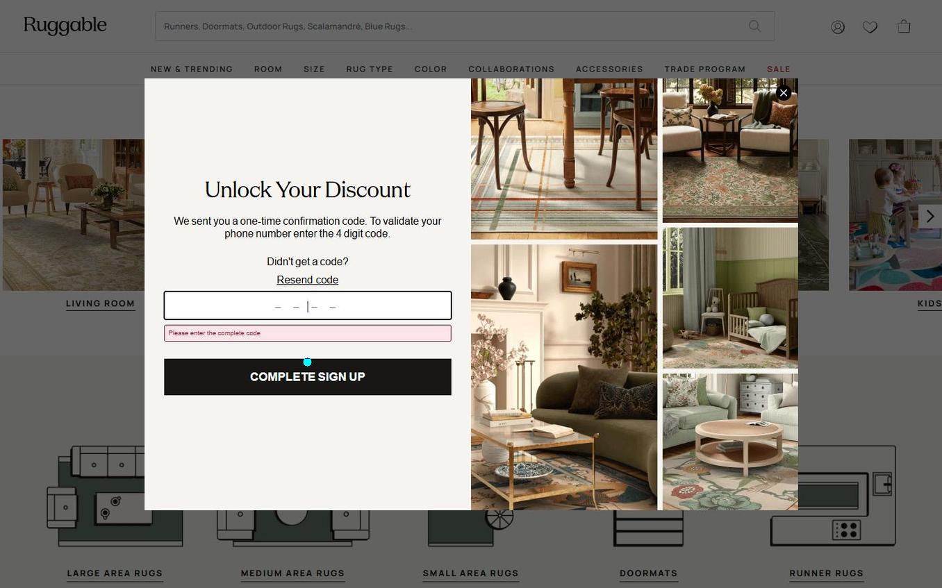 Ruggable - Popup Step4 Sms Code Validation Error